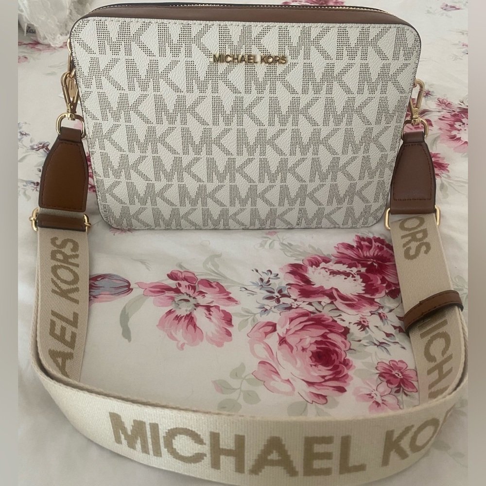 Michael Kors White and Brown Logo Crossbody Bag with Branded Strap